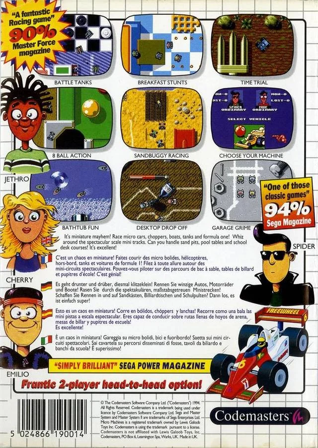 Contraportada europea de Micro Machines per a Sega Master System, amb captures, pilots i textos multilingües.