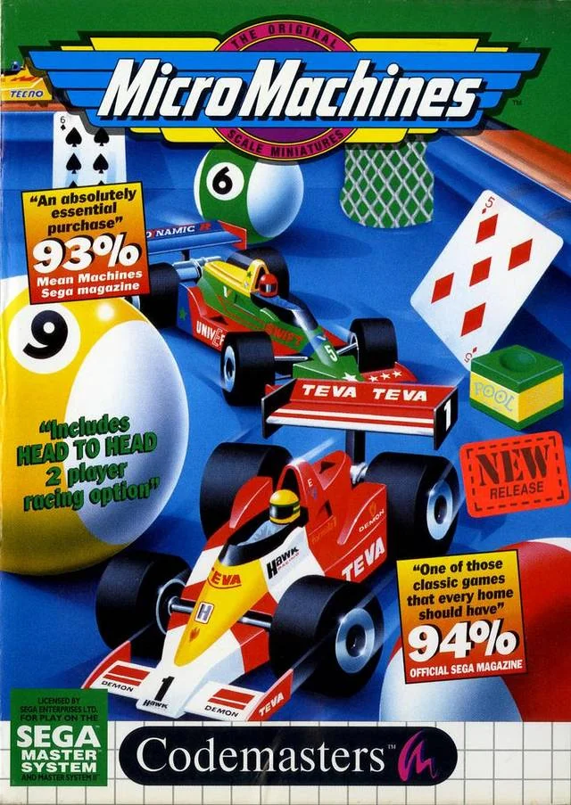 Portada europea de Micro Machines per a Sega Master System, amb dos monoplaces entre joguines i objectes domèstics.