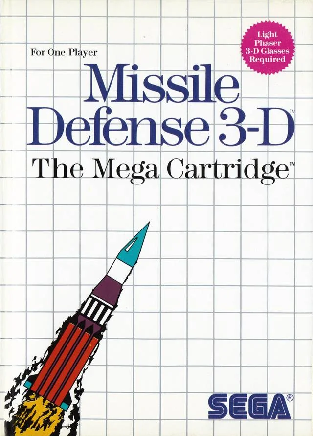 Portada nord-americana de Missile Defense 3-D per a Sega Master System, amb un míssil enlairant-se i l'avís dels perifèrics requerits.