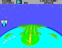 Escena espacial de Missile Defense 3-D, amb un planeta, una nau i objectius en vol.