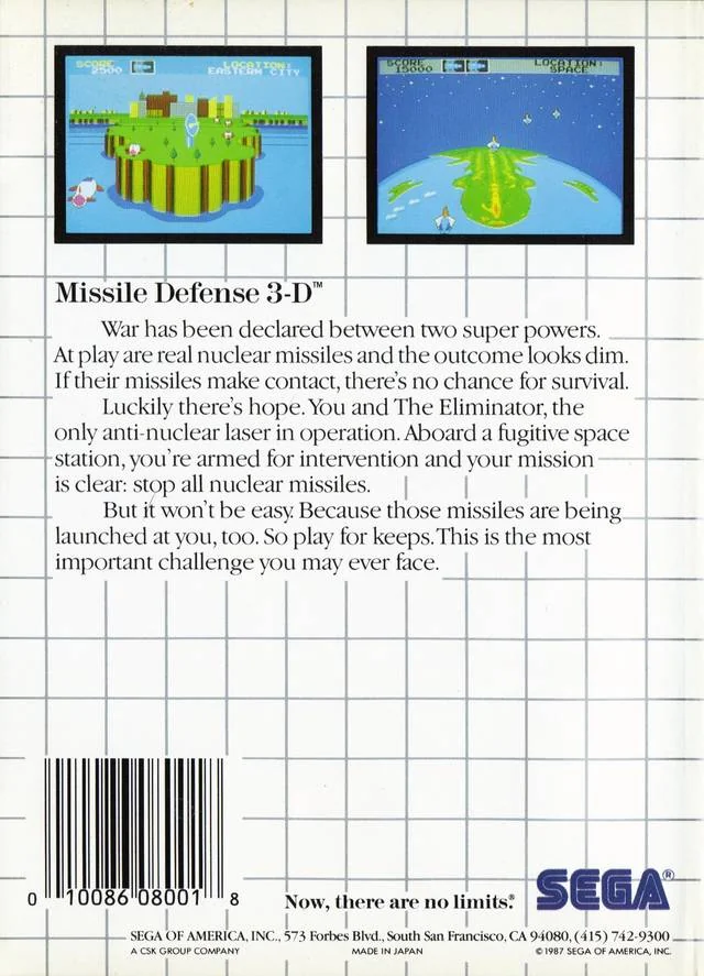 Contraportada nord-americana de Missile Defense 3-D per a Sega Master System, amb dues captures i una sinopsi en anglès.