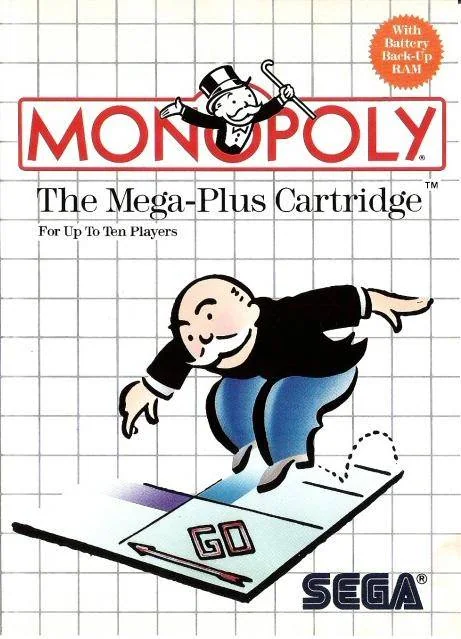 Portada nord-americana de Monopoly per a Sega Master System, amb Mr. Monopoly saltant sobre la casella GO.
