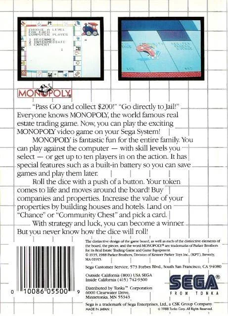 Contraportada nord-americana de Monopoly per a Sega Master System, amb dues captures, descripció i codi de barres.