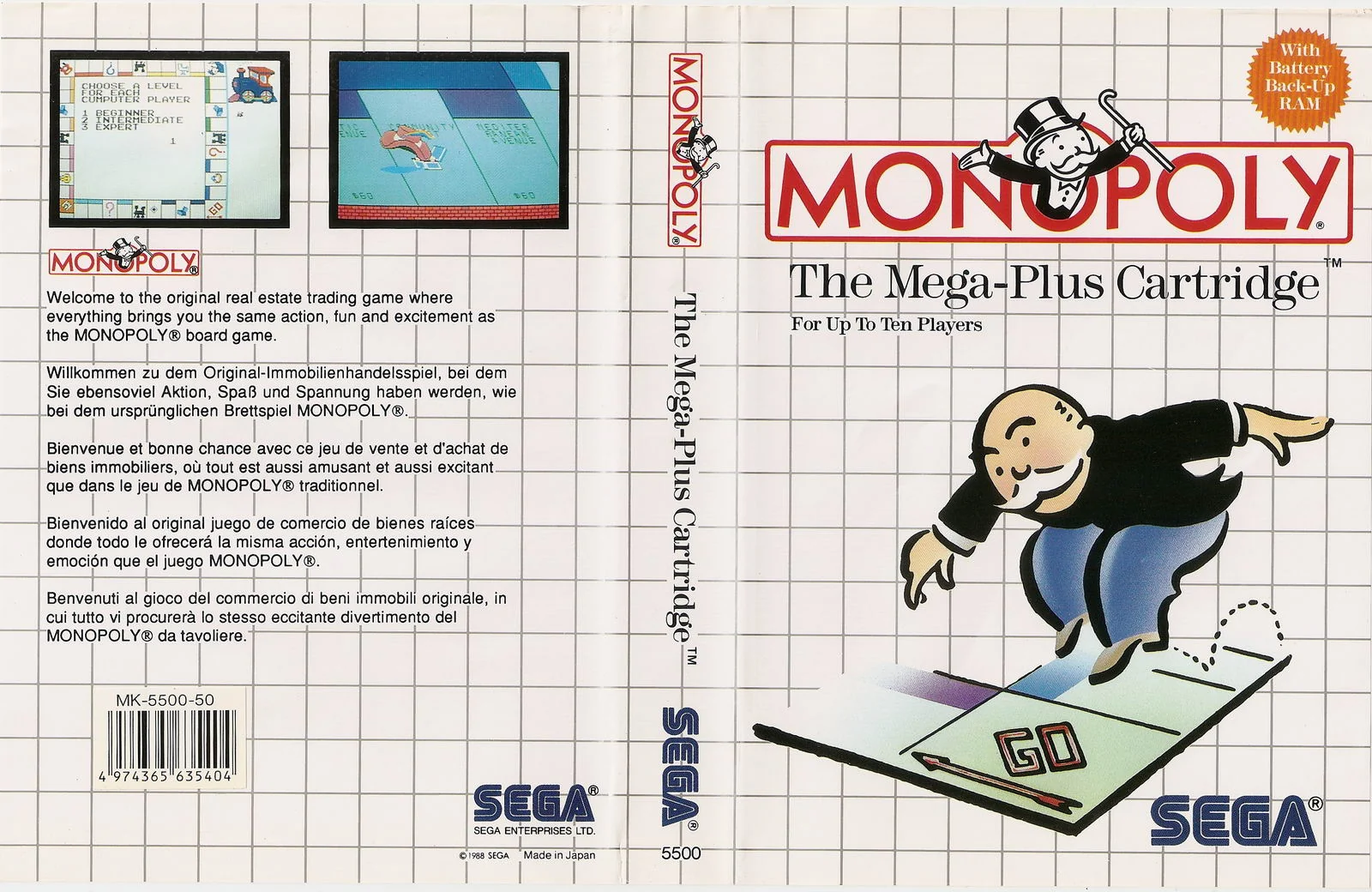 Coberta europea desplegada de Monopoly per a Master System, amb portada, llom, contraportada i textos en cinc idiomes.