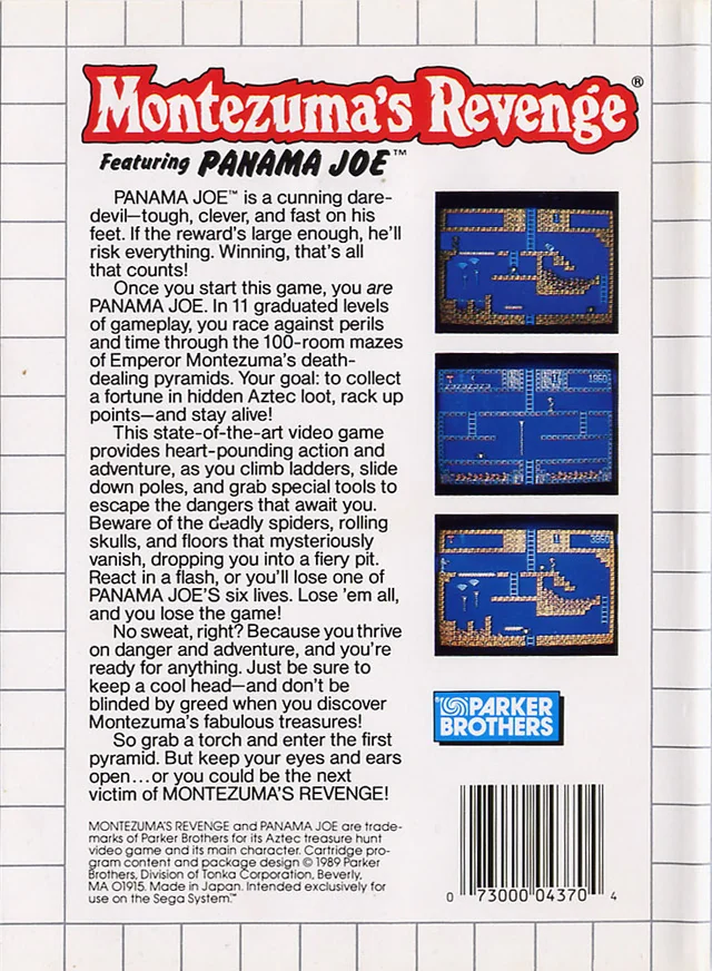 Contraportada nord-americana de Montezuma's Revenge: Featuring Panama Joe per a Sega Master System.
