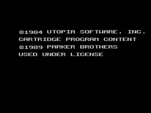 Pantalla de crèdits amb els avisos d’Utopia Software de 1984 i Parker Brothers de 1989.
