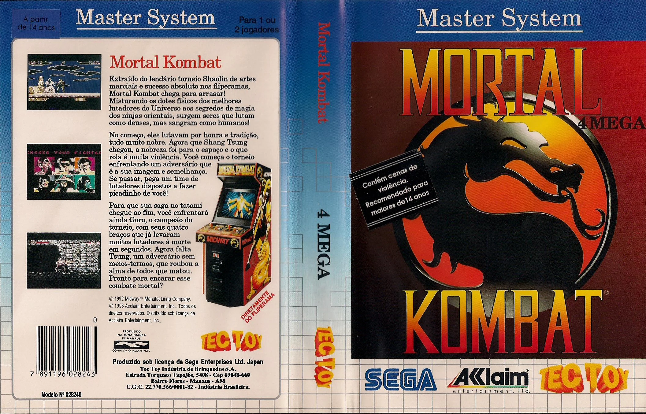 Caràtula brasilera desplegada de Mortal Kombat, amb marques de Tec Toy, text portuguès i el distintiu 4 MEGA.