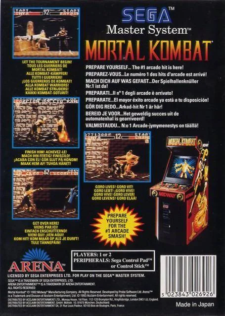Contraportada europea de Mortal Kombat per a Sega Master System, amb textos multilingües i captures de combat.