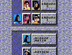 Pantalla de progressió amb retrats i les indicacions Enduro, Mirror Match i Rayden.