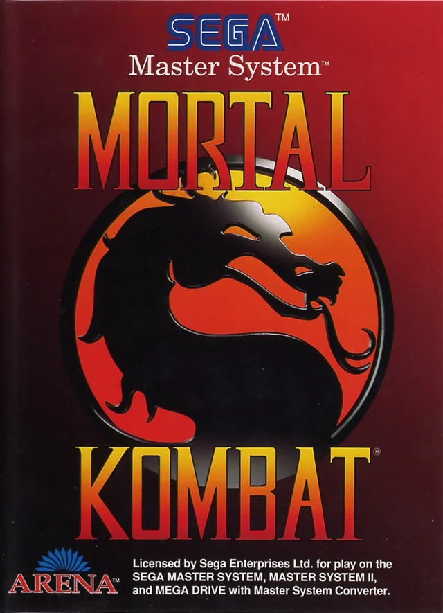 Portada europea de Mortal Kombat per a Sega Master System, amb el drac negre sobre fons vermell.