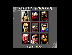 Graella de selecció de Mortal Kombat 3 amb nou retrats visibles i l’escenari The Pit indicat a la part inferior.