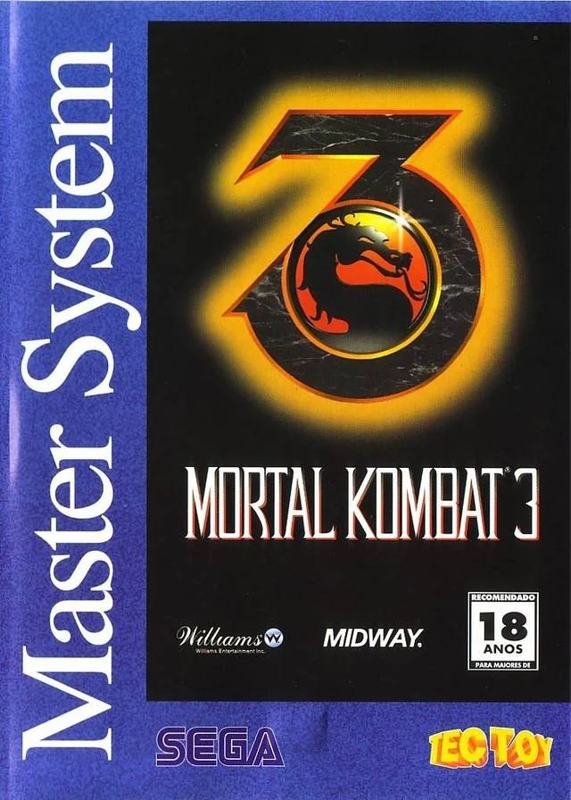 Portada brasilera de Mortal Kombat 3 per a Sega Master System, amb l’emblema metàl·lic del drac sobre fons negre.