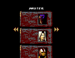 Pantalla de dificultat de Mortal Kombat 3 amb les columnes Novice, Warrior i Master, aquesta última assenyalada per dues fletxes.