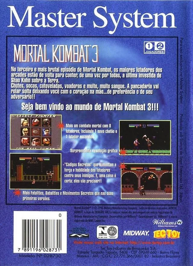 Contraportada brasilera de Mortal Kombat 3 per a Sega Master System, escrita en portuguès i amb quatre captures del joc.