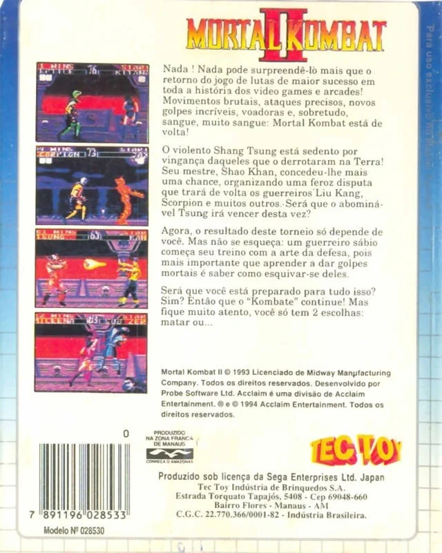 Contraportada brasilera de Mortal Kombat II per a Sega Master System, amb text en portuguès i quatre captures.