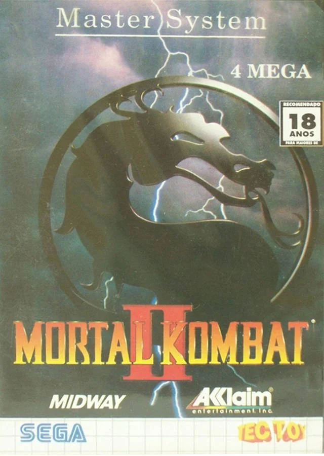 Portada brasilera de Mortal Kombat II per a Sega Master System, amb el drac negre, llamps i la indicació 4 MEGA.
