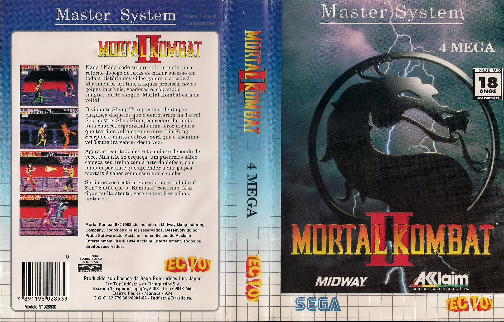 Caràtula brasilera desplegada de Mortal Kombat II amb portada, llom i contraportada en portuguès.