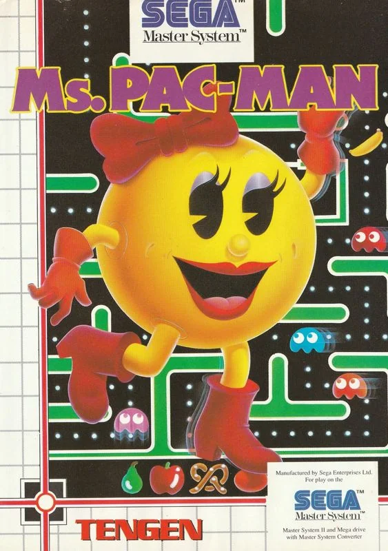 Portada europea de Ms. Pac-Man per a Sega Master System, amb la protagonista davant d’un laberint.