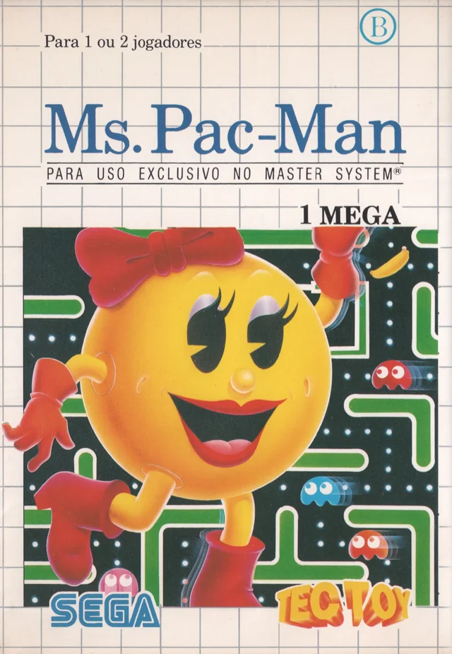 Portada brasilera de Ms. Pac-Man per a Master System, amb text portuguès i els logotips de SEGA i Tec Toy.