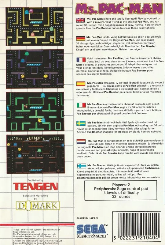 Contraportada europea de Ms. Pac-Man per a Sega Master System, amb quatre captures i text multilingüe.