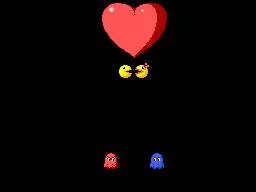 Interludi de Ms. Pac-Man amb Pac-Man, un cor vermell i dos fantasmes sobre fons negre.