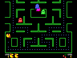 Ms. Pac-Man al nivell 1, envoltada de punts, quatre fantasmes i una cirera indicada al marcador inferior.