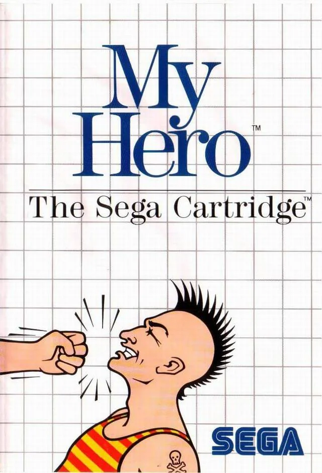 Portada europea de My Hero per a Sega Master System, amb un puny colpejant un home amb cresta.