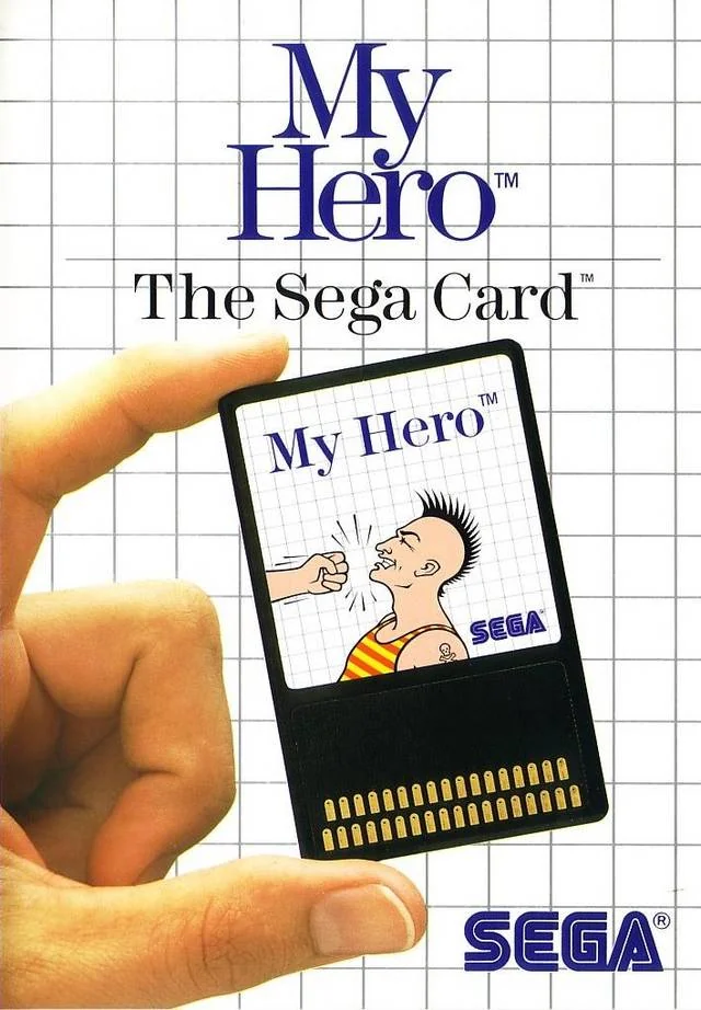 Portada nord-americana de My Hero amb una mà que sosté la Sega Card il·lustrada.