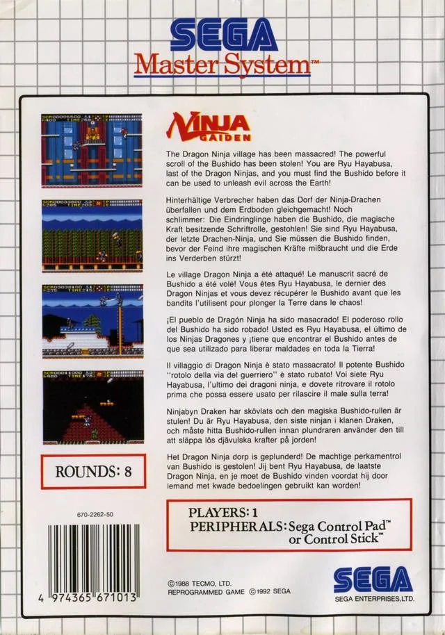 Contraportada europea de Ninja Gaiden per a Sega Master System, amb captures i textos multilingües.