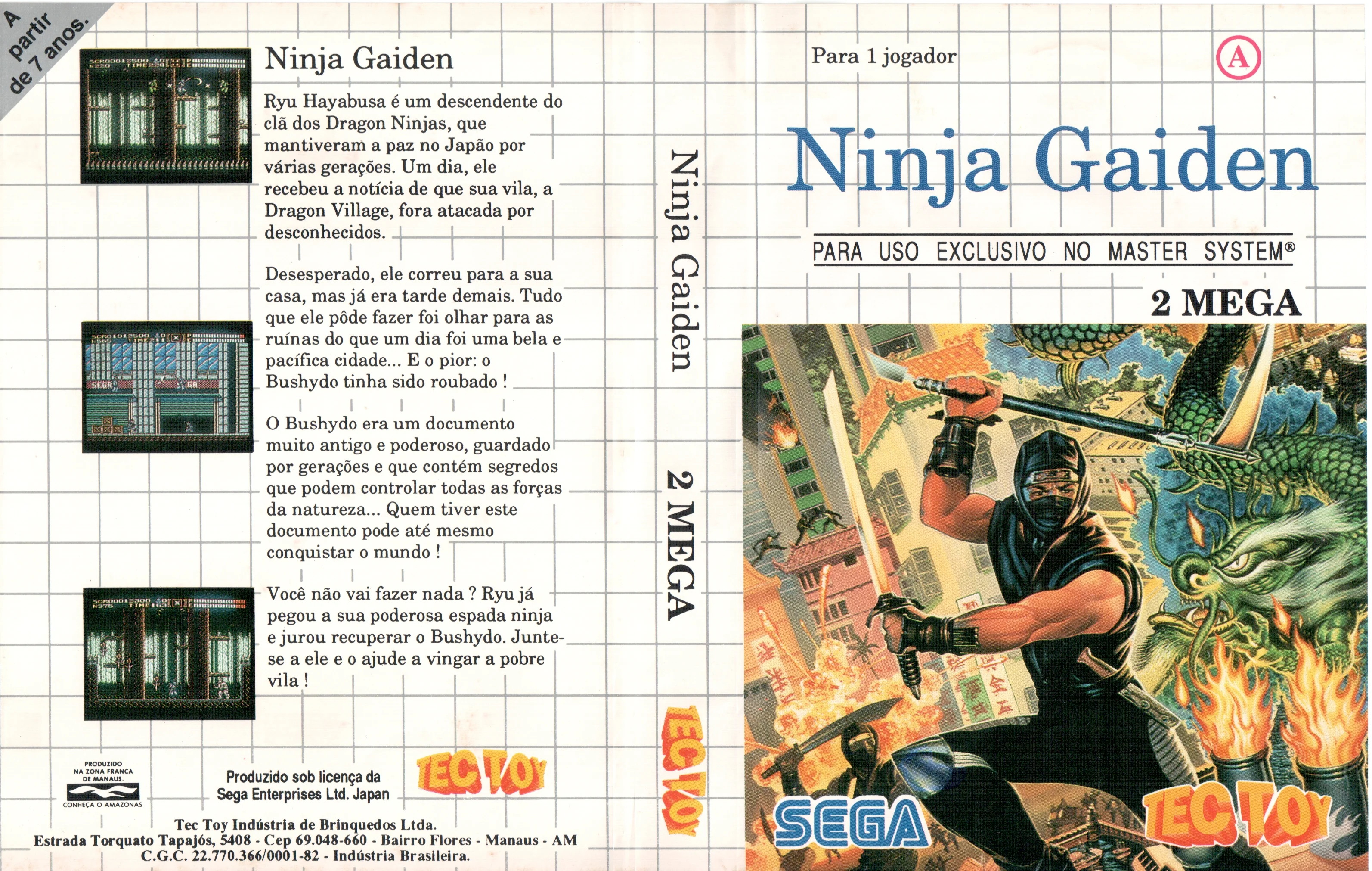Caràtula brasilera desplegada de Ninja Gaiden amb textos en portuguès i la marca Tec Toy.