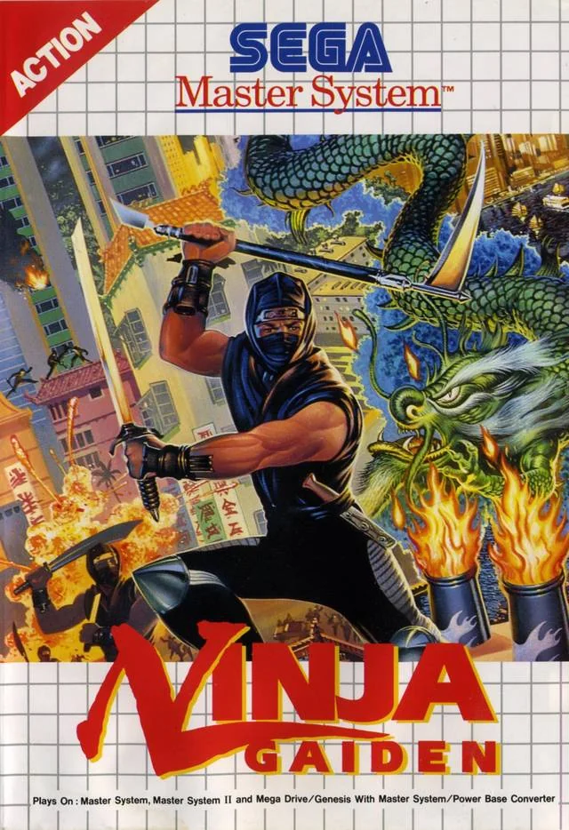 Portada europea de Ninja Gaiden per a Sega Master System, amb un ninja, un drac i una ciutat en flames.