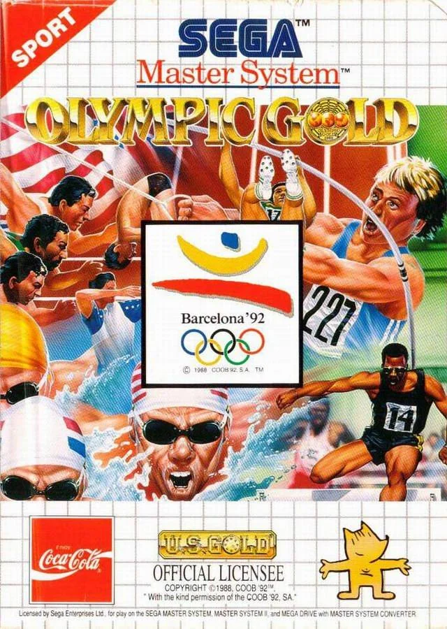 Portada europea d’Olympic Gold: Barcelona '92 per a Sega Master System, amb diversos atletes i l’emblema olímpic.