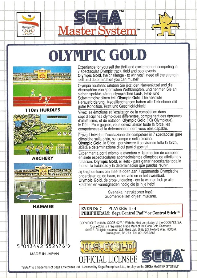 Contraportada europea d’Olympic Gold: Barcelona '92 per a Sega Master System, amb textos multilingües i captures de tres proves.