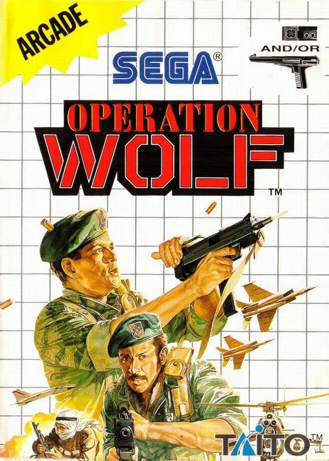 Portada europea d’Operation Wolf per a Sega Master System, amb soldats, avions i un helicòpter.