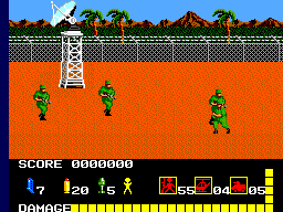 Combat d’Operation Wolf en un recinte militar, amb soldats, punt de mira i indicadors de recursos.