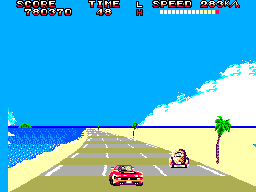 El descapotable vermell s’acosta a un altre vehicle en una carretera costanera d’OutRun 3-D.