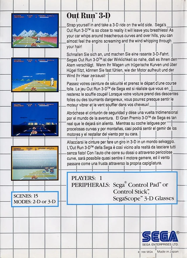 Contraportada europea d’OutRun 3-D amb textos en cinc idiomes i quatre captures del joc.