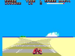 El descapotable vermell s’apropa a una bifurcació que condueix cap a una de les cinc metes d’OutRun 3-D.