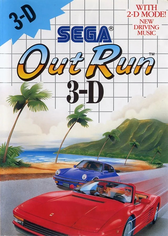 Portada europea d’OutRun 3-D per a Sega Master System, amb dos esportius en una carretera costanera.