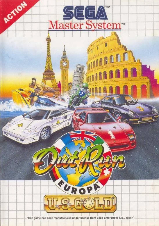 Portada europea d'OutRun Europa per a Sega Master System, amb vehicles davant de monuments europeus.