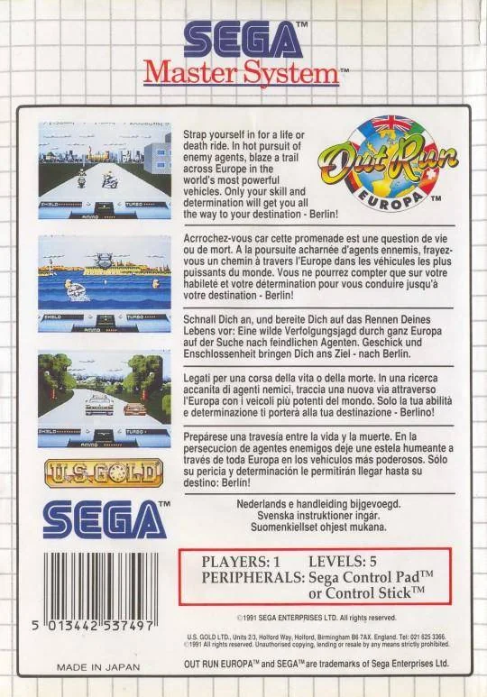 Contraportada europea d'OutRun Europa per a Sega Master System, amb captures i text multilingüe.