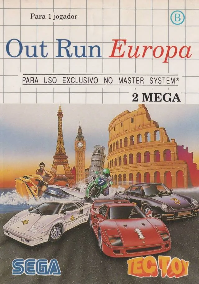 Portada brasilera d'OutRun Europa per a Master System amb les marques Sega i Tec Toy.