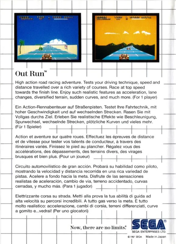 Contraportada europea d’OutRun per a Sega Master System amb dues captures i textos en cinc idiomes.