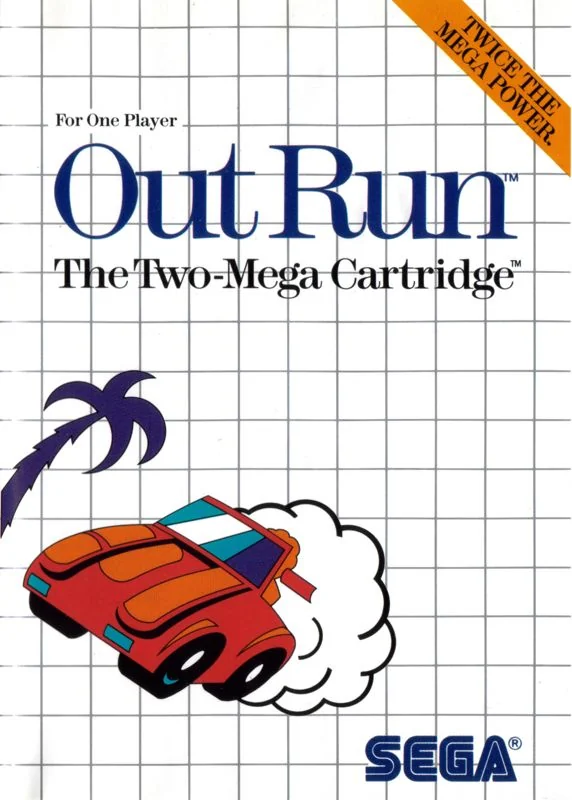 Portada europea d’OutRun per a Sega Master System amb un cotxe vermell derrapant sobre la quadrícula de Sega.