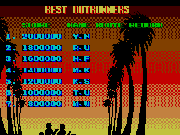 Pantalla Best Outrunners d’OutRun amb set puntuacions, inicials i rutes sobre una posta de sol.