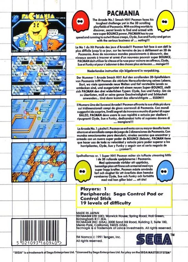 Contraportada europea de Pac-Mania per a Sega Master System, amb textos multilingües i quatre captures.