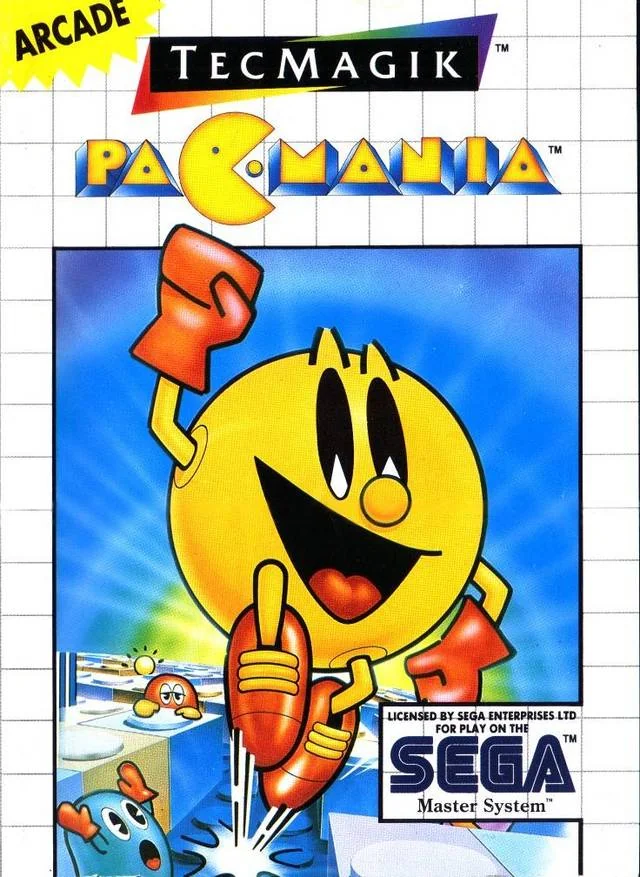 Portada europea de Pac-Mania per a Sega Master System, amb Pac-Man saltant damunt un laberint.