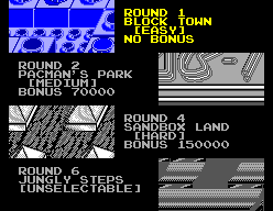 Pantalla de selecció amb Block Town, Pac-Man’s Park, Sandbox Land i Jungly Steps.