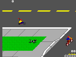 Paperboy circula per la vorera mentre un gos travessa la gespa i un altre ciclista s’acosta.