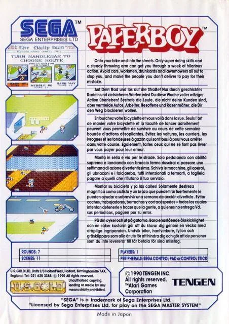 Contraportada europea de Paperboy per a Sega Master System, amb textos multilingües i tres captures del joc.